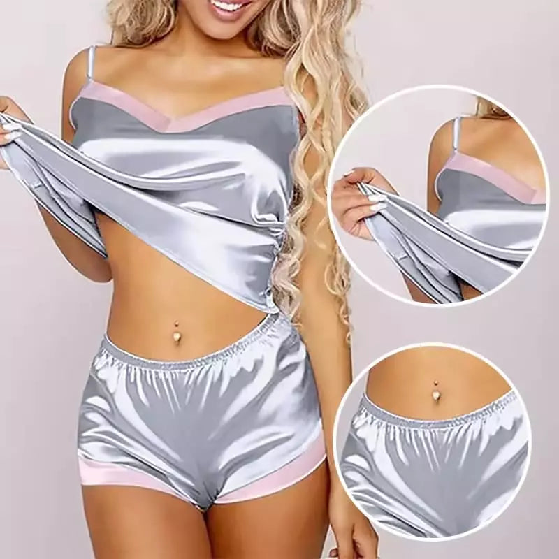 Pijama feminino cetim cinza e rosa com top e shorts elástico