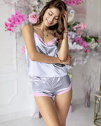 Pijama feminino cetim prata e rosa com blusa alça e short