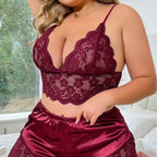 Conjunto lingerie burgundy renda floral sutiã bralette calcinha cetim plus size