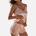 Pijama feminino listrado rosa com renda branca camisola e short conjunto íntimo sleepwear