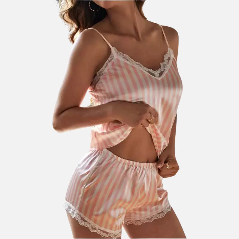 Pijama feminino listrado rosa com renda branca camisola e short conjunto íntimo sleepwear