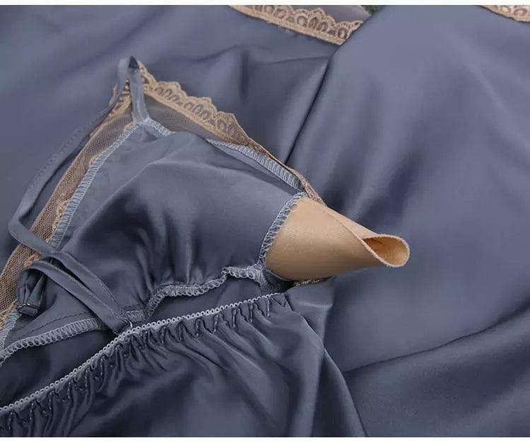 Conjunto lingerie azul acinzentado com renda dourada - sutiã e calcinha feminino
