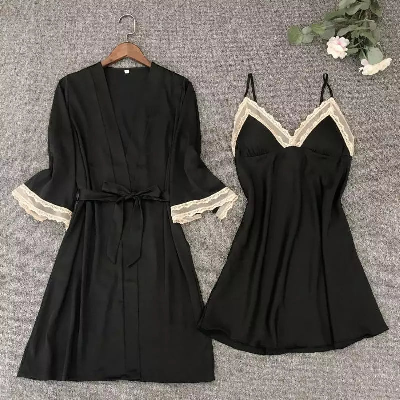 Conjunto lingerie preto com renda branca - robe e camisola feminino elegante