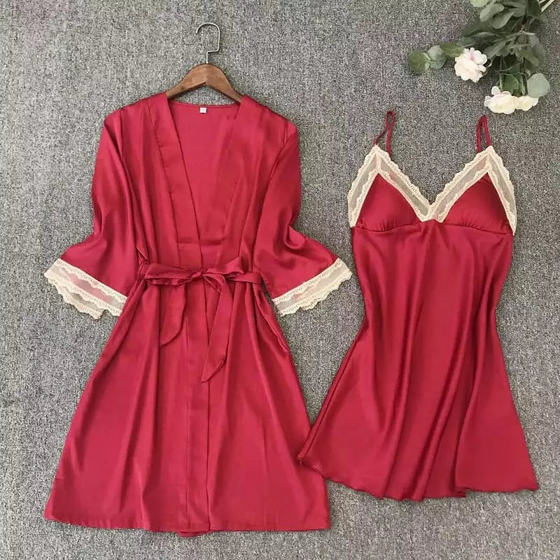 Conjunto lingerie vermelho com renda branca - robe e camisola feminino sensual
