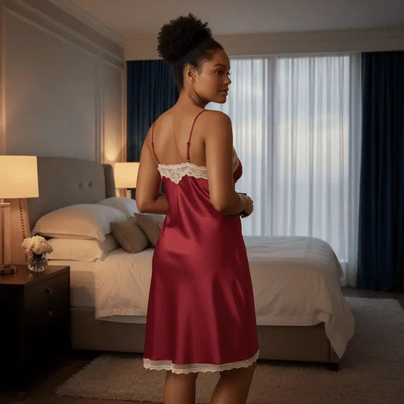 Camisola vermelha com renda branca - lingerie feminina sedutora para dormir elegante