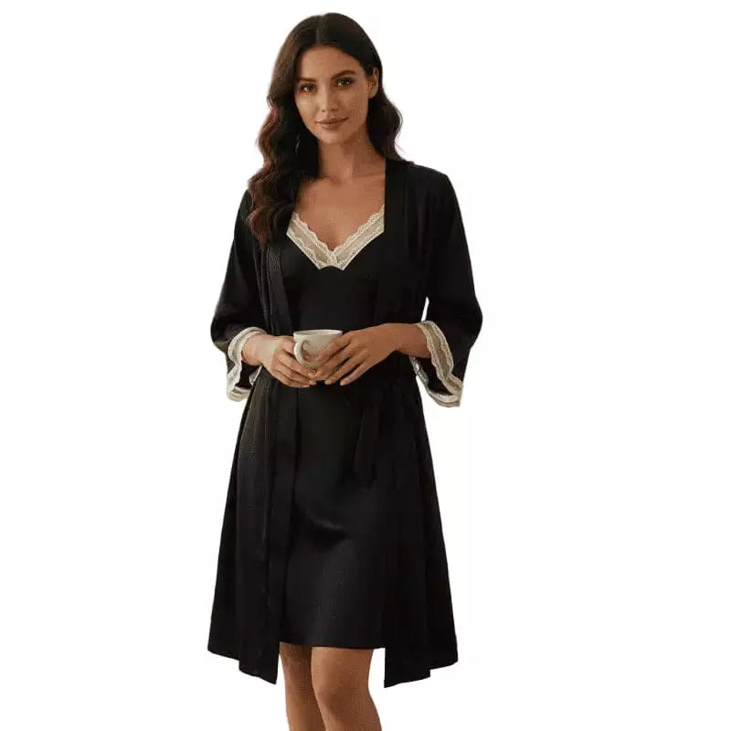 Conjunto lingerie preta com renda branca - camisola e robe feminino elegante
