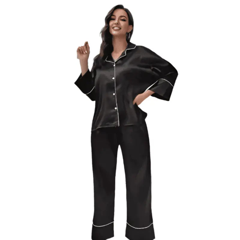 Pijama feminino preto cetim manga longa conjunto sleepwear
