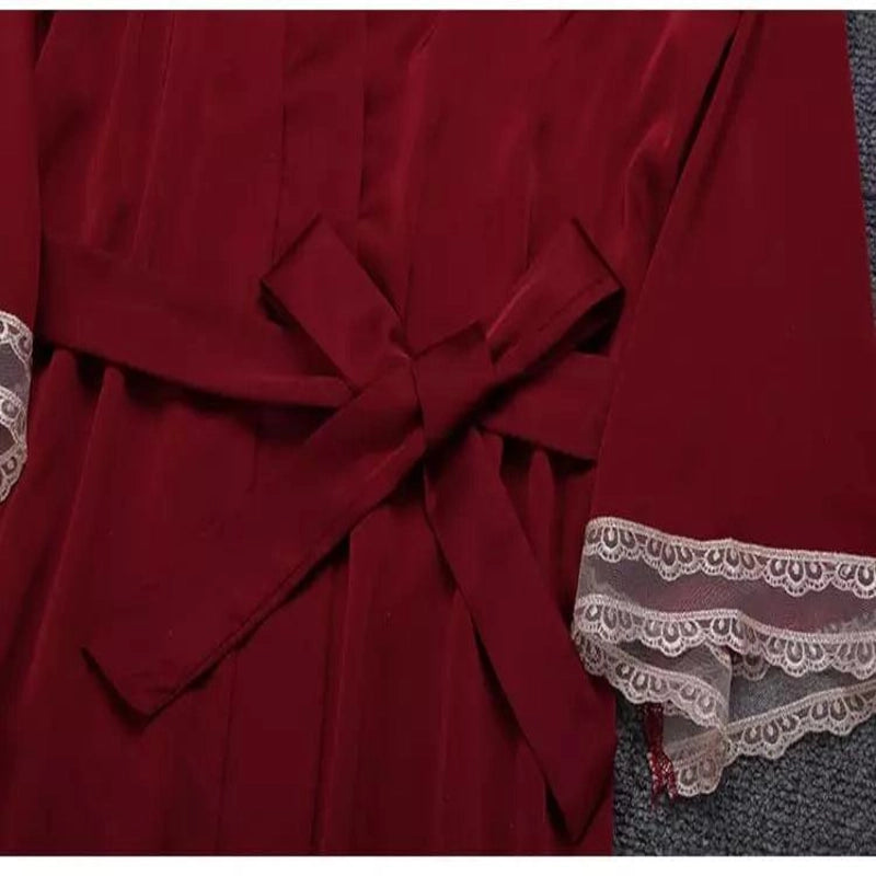 Robe vermelho com laço e calcinha de renda - conjunto lingerie feminino sensual