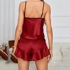 Pijama cetim vermelho com shorts babado e blusa alças - conjunto sleepwear feminino