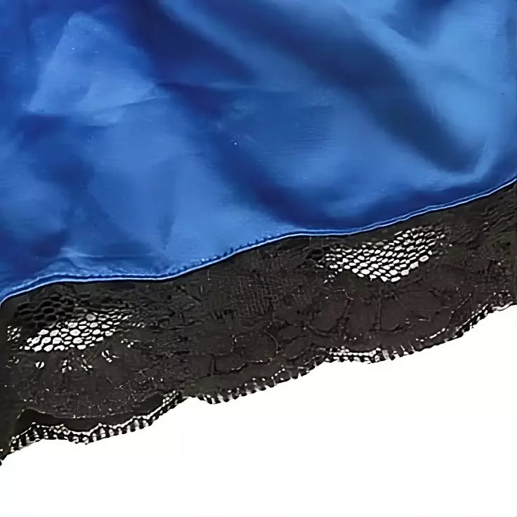 Tecido cetim azul com renda preta - material premium para pijama feminino