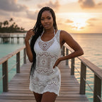 Saída praia branca crochê rendado moda resort feminina