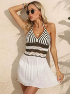 Vestido crochê listrado óculos escuros - look verão feminino boho chic praia resort