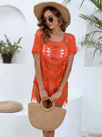 Saída de praia  crochê vermelha franjas chapéu palha bolsa - conjunto moda praia feminina verão