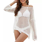 Saída de praia branca crochê manga longa ombro vazado - cover up feminino verão
