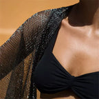 Biquíni preto com saída de praia transparente glitter dourado, moda feminina festa verão