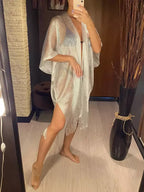 Saída de praia prata metalizado longo com franja, saída de praia luxo feminina moda praia