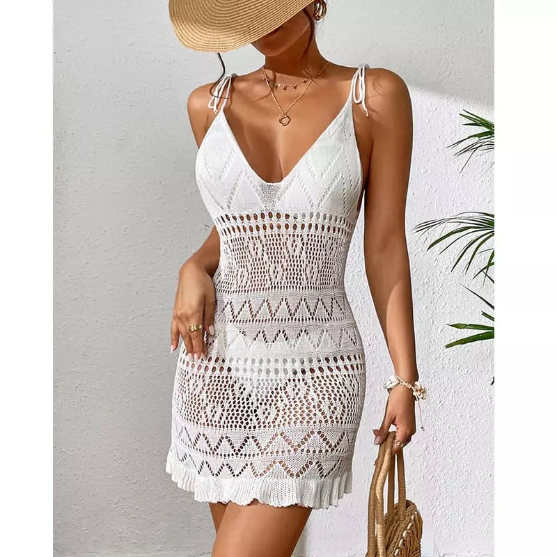Vestido branco crochê decote V alças ajustáveis rendado transparente moda praia verão