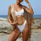 Biquíni branco canelado com saída praia dourada, moda feminina verão beachwear conjunto