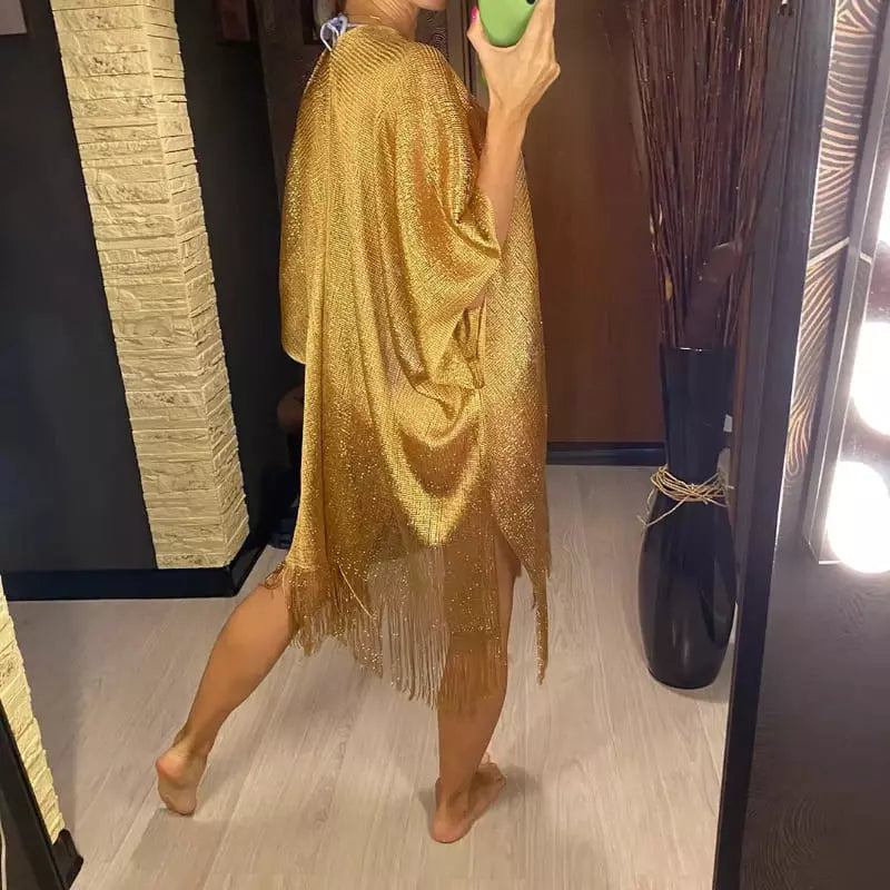 Saída de praia dourado metalizado com franja, saída de praia luxo feminina moda praia