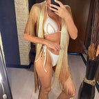Biquíni branco detalhes dourados com kimono metalizado franja, beachwear luxo feminino