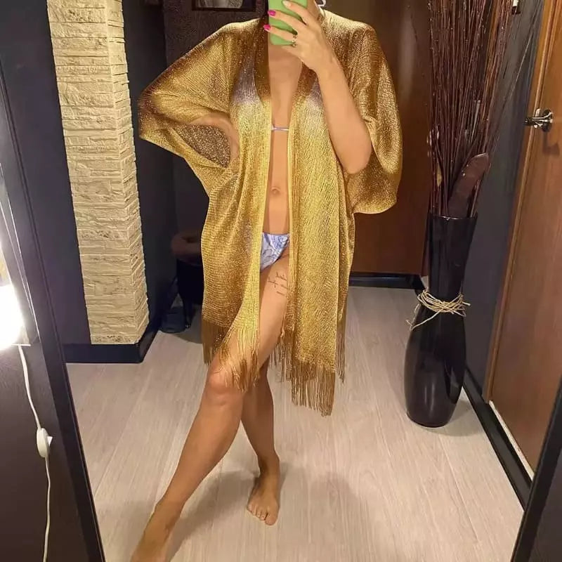 Saída de praia dourado longo manga ampla com franja, saída de praia luxo feminina metalizado