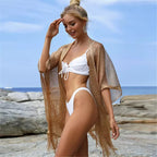 Biquíni branco com kimono dourado franja, moda praia feminina verão beachwear conjunto