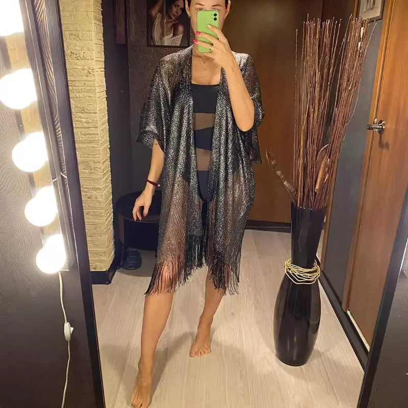 Saída de praia preto metalizado com franja, saída de praia glitter feminina moda festa verão