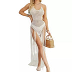 saídade praia de crochê branco com franjas, estilo boho chic para praia e verão
