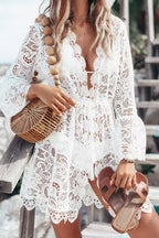 Saída de Praia branco renda guipir manga longa decote V look praia verão feminino