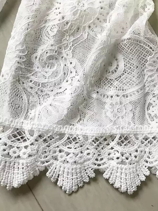 Detalhe renda guipir branca bordado floral barra saída de praia feminina alta qualidade