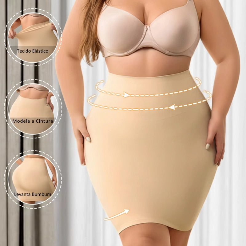 Saia modeladora cintura alta com tecido elástico que modela cintura e levanta bumbum