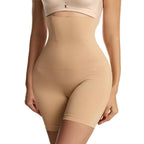 Modelador corporal nude sem costura, short cintura alta com compressão suave para afinar cintura e modelar quadril.