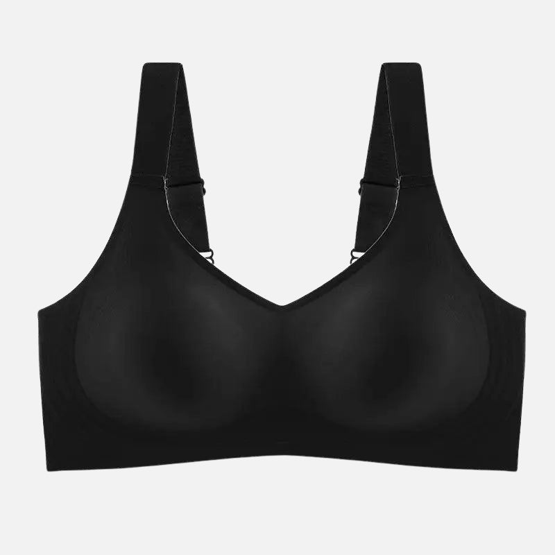 sutiã esportivo preto . Ele tem um design simples e minimalista com um decote em V e alças grossas e ajustáveis