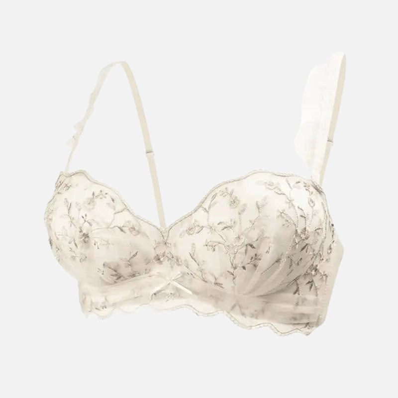 sutiã branco de renda. O sutiã é decorado com um padrão de flores discreto e delicado. O modelo possui alças e detalhes com linha fina, dando um aspecto elegante e refinado.