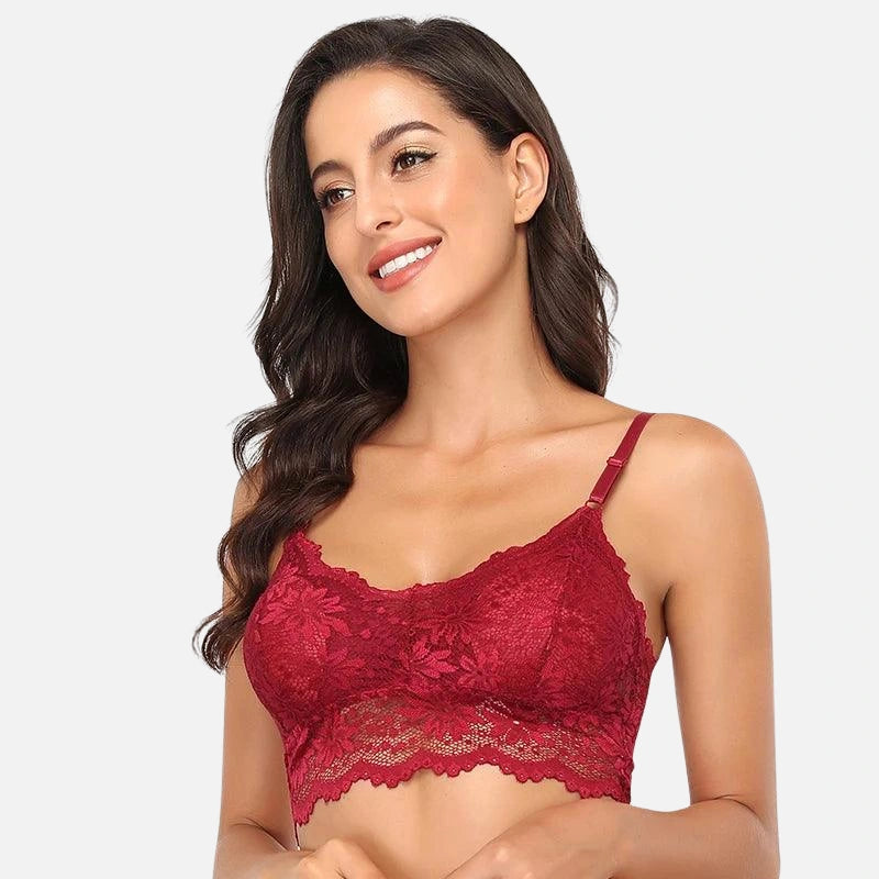 Sutiã de renda vermelha com estampa floral.