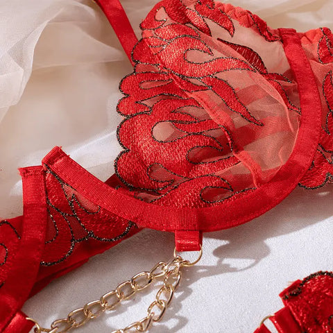 A imagem mostra lingerie vermelha decorativa com detalhes intrincados de renda e correntes.