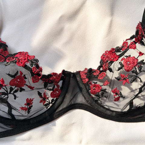  sutiã de lingerie com um padrão floral intrincado em vermelho e preto