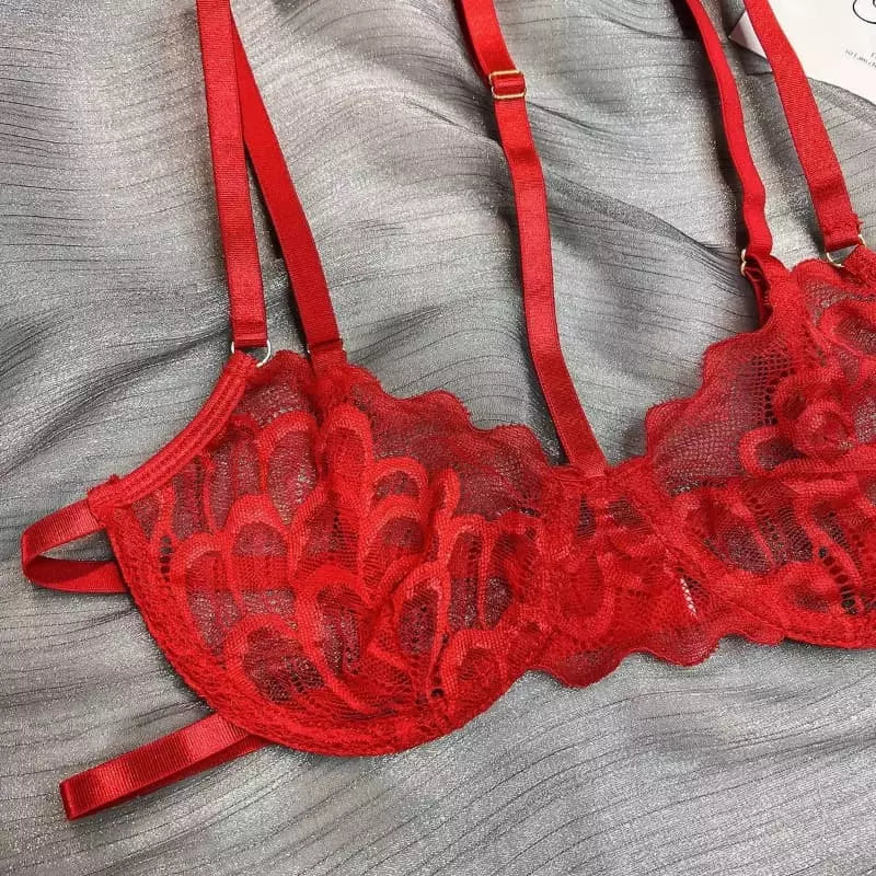 Sutiã vermelho renda transparente bojo estruturado alças ajustáveis lingerie feminina