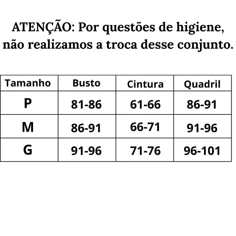 Tabela de Medidas do P ao GG Biquíni Feminino levanta bumbum High Cut