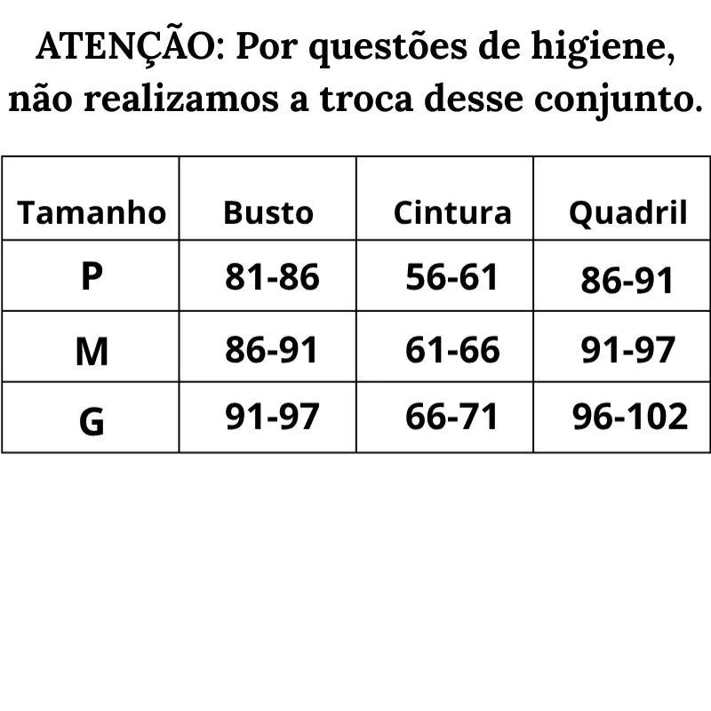 Tabela de Medidas Biquíni Cortininha Fio Dental Argolas Douradas do P ao G