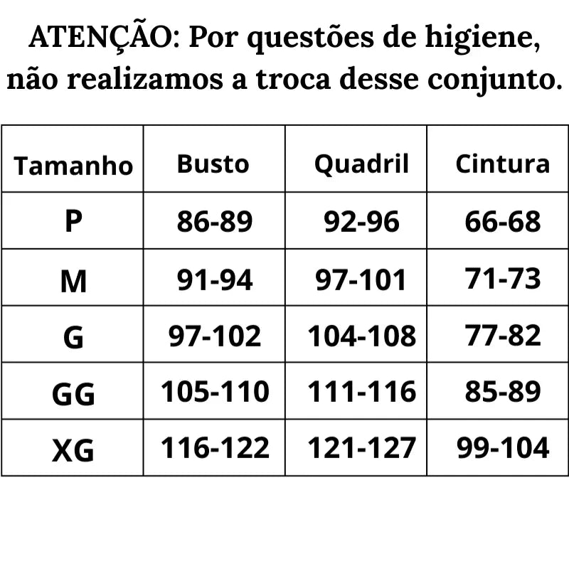 Tabela de Medidas Biquíni Desejo Real do P ao XG