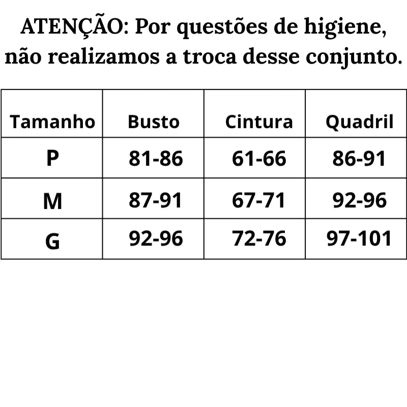 Tabela de Medidas Biquíni Elite Vazado do P ao G