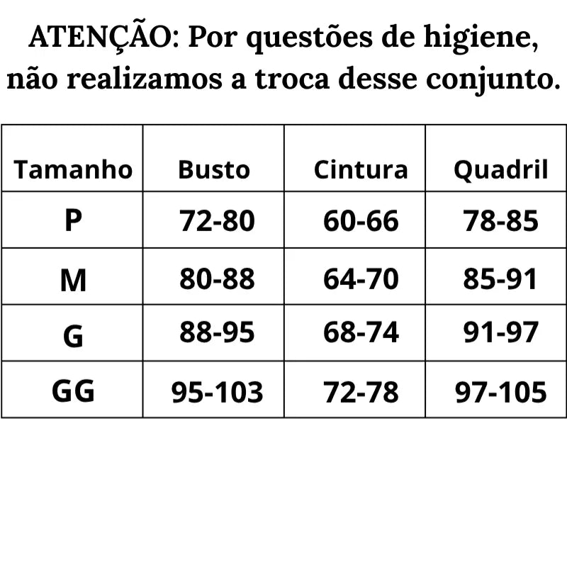 Tabela de Medidas Biquíni feminino 3 peças tomara que caia canelado elegância premium do P ao GG