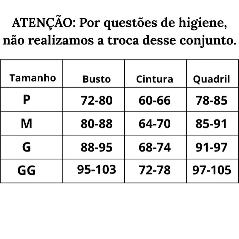 Tabela de medidas Biquíni feminino babado do P ao GG