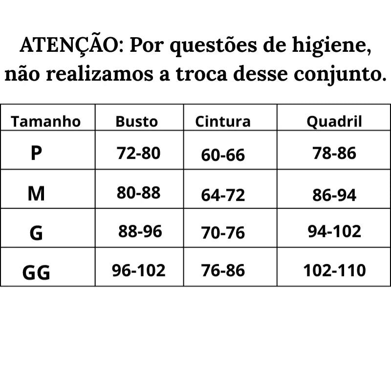 Tabela de Medidas Biquíni feminino cruzado AquaGlow do P ao GG