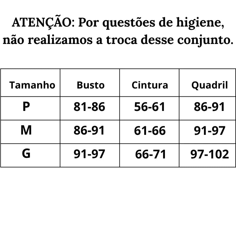 Tabela de Medidas Biquíni feminino levanta bumbum Elegância Cinturada do P ao G