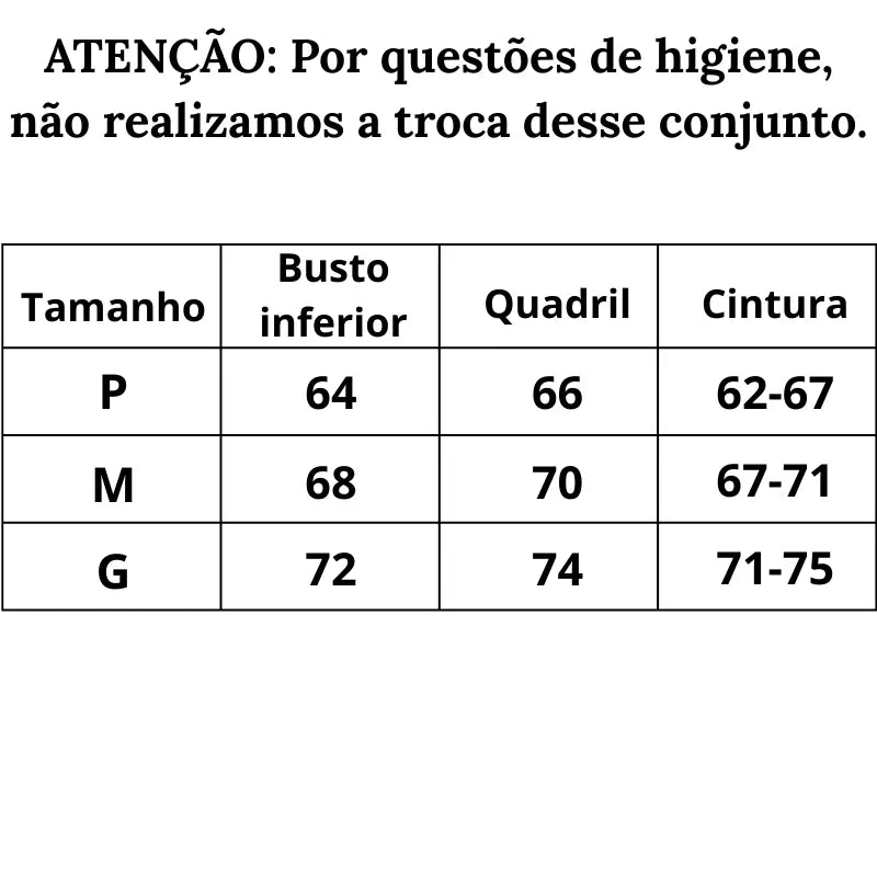 Tabela de Medidas Biquíni feminino liso fio dental Elite Confort do P ao G