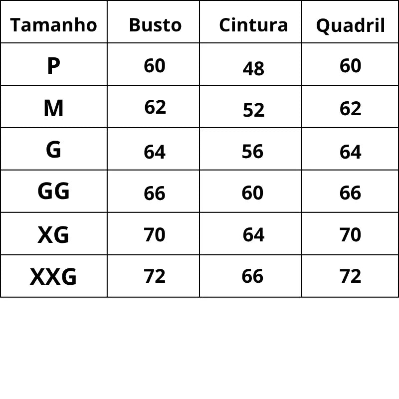 Tabela de Medidas Body Modelador Feminino Empina Bumbum Elegance do P ao XXG