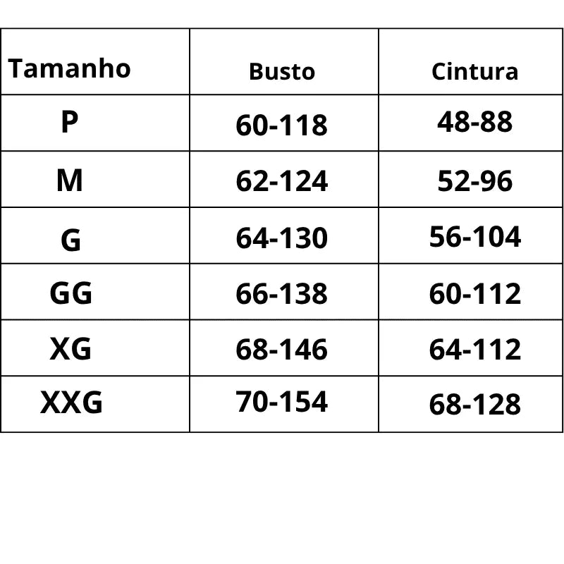 Tabela de Medidas Body Modelador Fio Dental Curve Pro P ao XXG