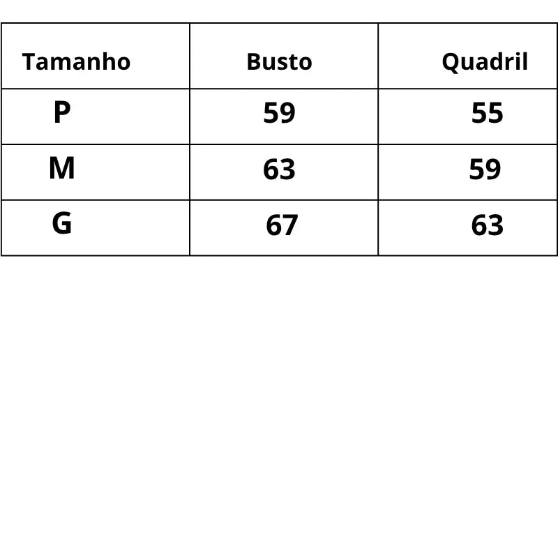 Tabela de Medidas Body Modelador Tomara Que Caia Encanto Perfeito do P ao G